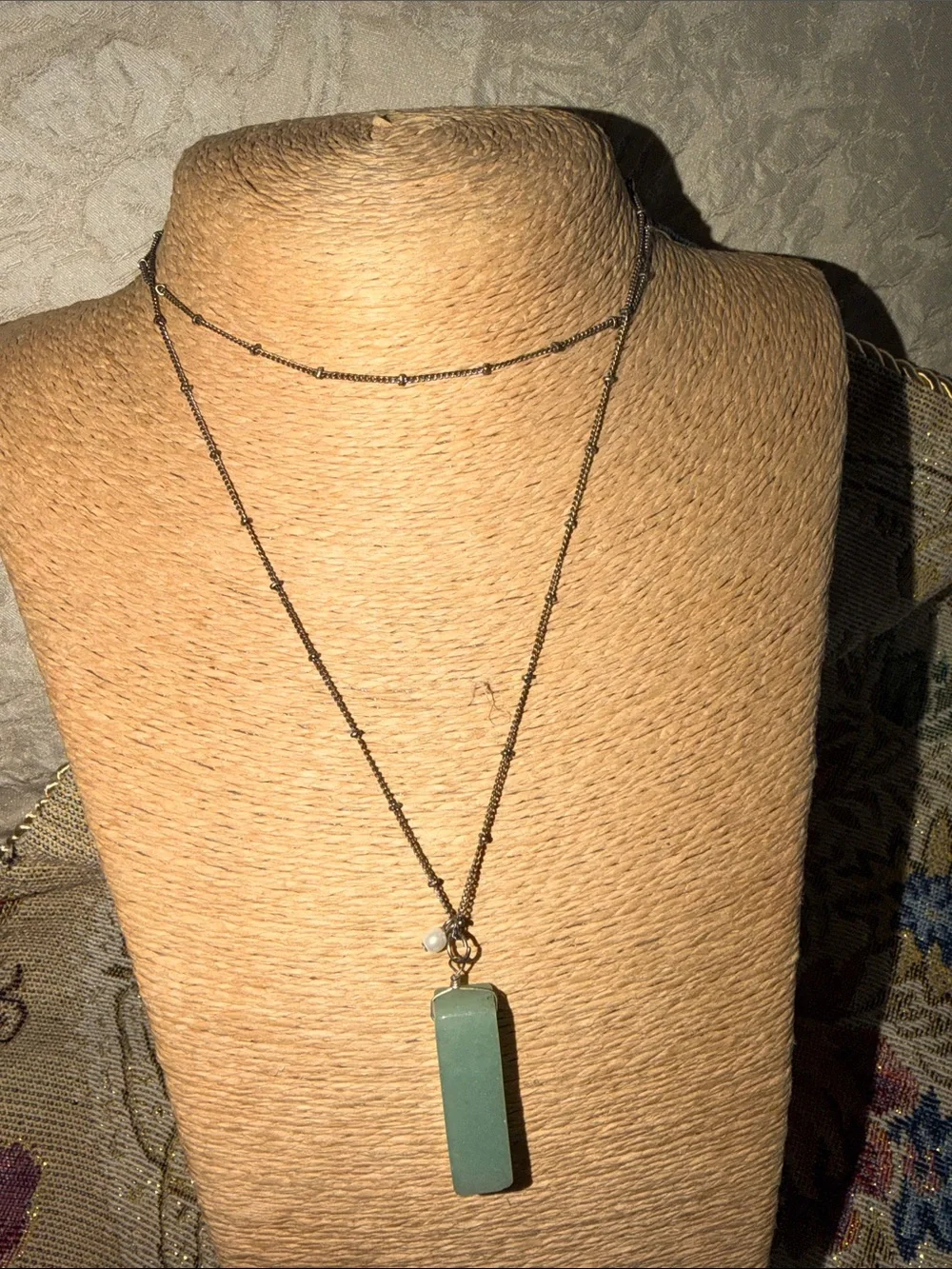 Long sterling silver darkened chain with tiny silver balls green semi precious